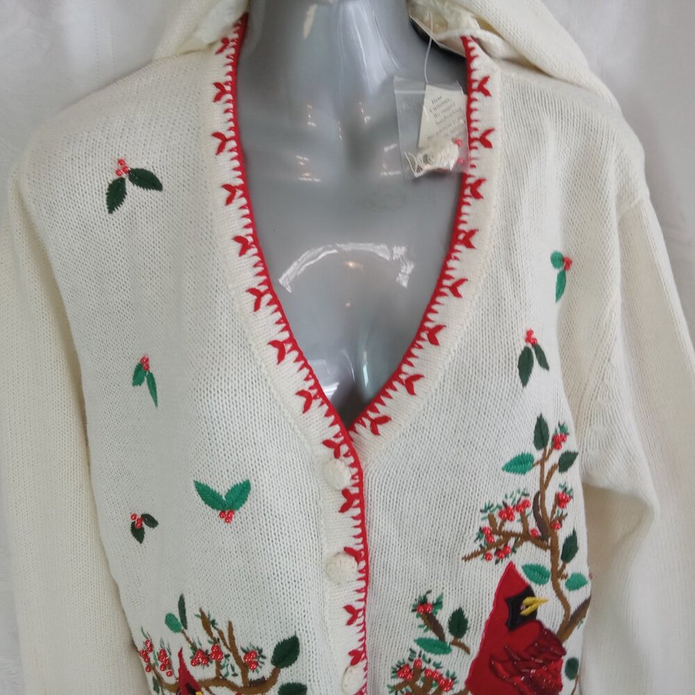 NWT White Stag L Cardinal Embroidered Embellished White Knit Cardigan 12/14 Vtg - Picture 5 of 15